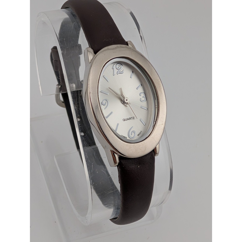 Avon Watch Women 21mm Silver Case Brown Leather Band- New Battery